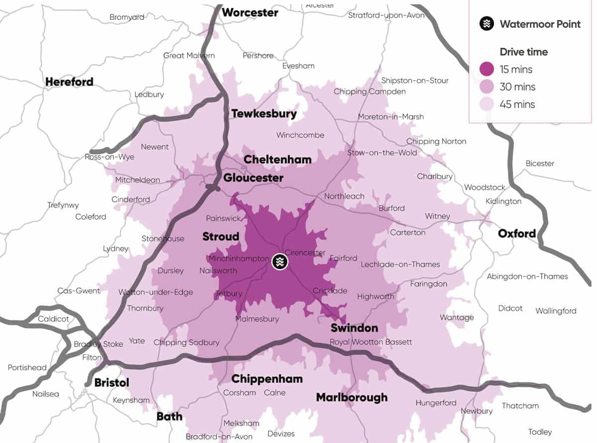 Cirencester drive time map